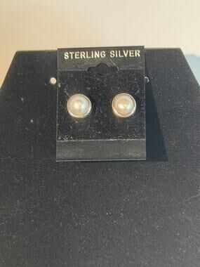 Vintage 925 Sterling Silver Genuine Pearl Bezel Stud Earrings Stamped Post